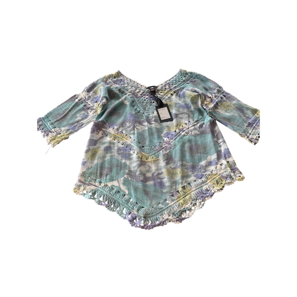RAIN Crochet Trim NWT Boho‎ Top Size L Teal Purple Floral Cottagecore SW1523